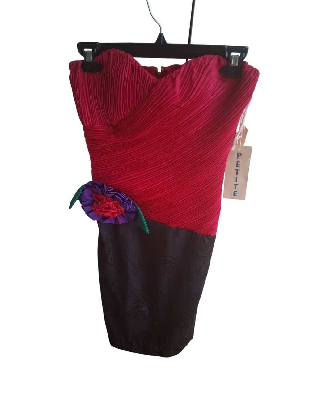 80s Petite Strapless Fuchsia and Black Cocktail Dress with Floral Detail